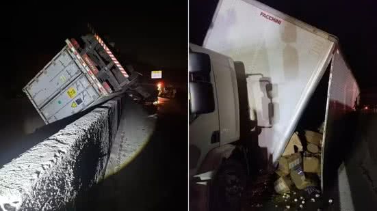 Engavetamento envolvendo duas carretas e um caminhão provocou interdição na pista sul da Rodovia Anchieta e alterou a operação do Sistema Anchieta-Imigrantes, em Cubatão - Imagem: Reprodução/CCI Artesp