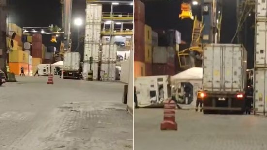 Momentos após o acidente no Porto de Santos, quando o contêiner caiu sobre a cabine do caminhão, deixando motorista preso às ferragens - Imagem: Reprodução/Redes sociais