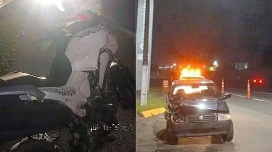 Acidente envolvendo uma motocicleta da Polícia Militar e um carro deixou um policial ferido na Rodovia Padre Manoel da Nóbrega, em Itanhaém. A Polícia Civil investiga as circunstâncias da colisão - Imagem: Reprodução/CCI Artesp