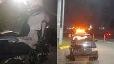 Acidente envolvendo uma motocicleta da Polícia Militar e um carro deixou um policial ferido na Rodovia Padre Manoel da Nóbrega, em Itanhaém. A Polícia Civil investiga as circunstâncias da colisão - Imagem: Reprodução/CCI Artesp