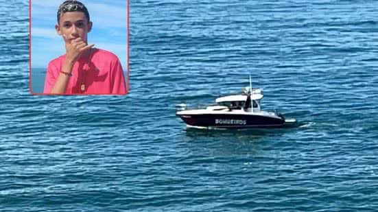 Equipes do Grupamento de Bombeiros Marítimo durante buscas que localizaram o corpo de adolescente no mar em Guarujá - Imagem: Arquivo Pessoal e Diego Bertozzi/TV Tribuna