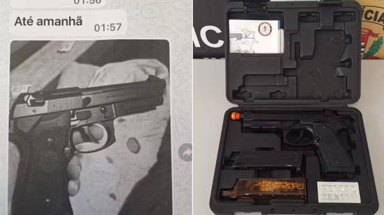 Arma de airsoft apreendida com suspeito após ameaças à ex-companheira no litoral de SP - Imagem: Reprodução