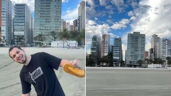Patrick Zöller registrou a própria reação ao conhecer os edifícios inclinados da orla de Santos durante visita à cidade em agosto. Vídeo publicado pelo casal ultrapassou 3 milhões de visualizações - Imagem: Arquivo Pessoal/Giovanna Oliveira
