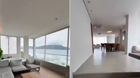 Cobertura de 240 m² em prédio inclinado no bairro Embaré, em Santos, está anunciada por R$ 2 milhões. O piso do apartamento foi totalmente nivelado para compensar o desnivelamento de 1,18 metro do edifício - Imagem: Divulgação