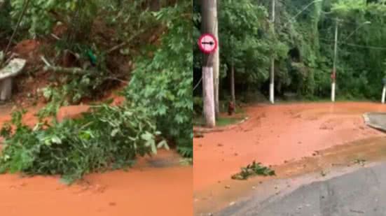 Rompimento no encanamento da Sabesp causou deslizamento em São Vicente, afetando o tráfego e a distribuição de água na região - Imagem: Reprodução/Instagram
