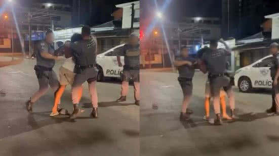 Um homem foi filmado sendo agredido por três policiais militares após ser impedido de entrar em bar por estar de chinelos - Imagem: Reprodução/ Redes Sociais