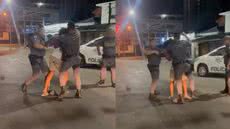 Um homem foi filmado sendo agredido por três policiais militares após ser impedido de entrar em bar por estar de chinelos - Imagem: Reprodução/ Redes Sociais