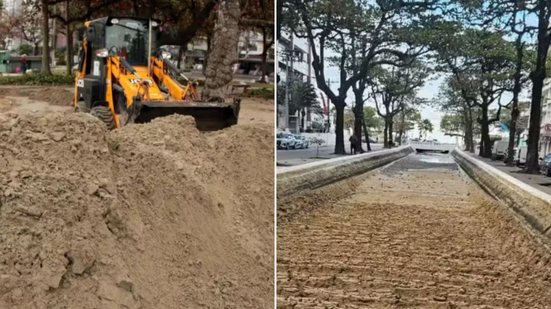 A logística da remoção de areia é complexa e envolve transporte para canais que precisam de sedimento para recuperação - Foto: Francisco Arrais/ Prefeitura de Santos e Reprodução