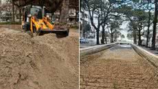 A logística da remoção de areia é complexa e envolve transporte para canais que precisam de sedimento para recuperação - Foto: Francisco Arrais/ Prefeitura de Santos e Reprodução