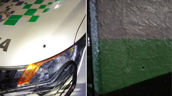 Viatura e muro da base da Polícia Militar Ambiental foram atingidos por disparos durante ataque registrado na noite de sexta-feira (16), em Guarujá, após confronto policial que deixou dois homens mortos no bairro Santa Rosa - Imagem: Polícia Militar e Reprodução