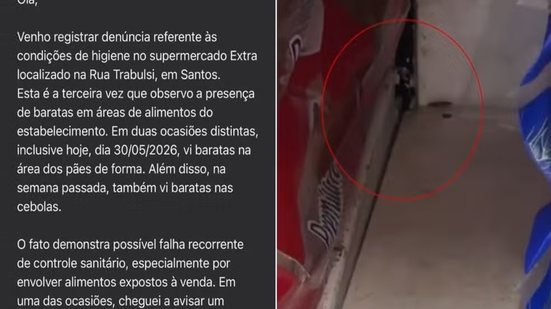 Cliente registrou uma barata em prateleira do setor de pães de supermercado na Ponta da Praia, em Santos; denúncia motivou vistoria da Vigilância Sanitária no estabelecimento - Imagem: Matheus Dias