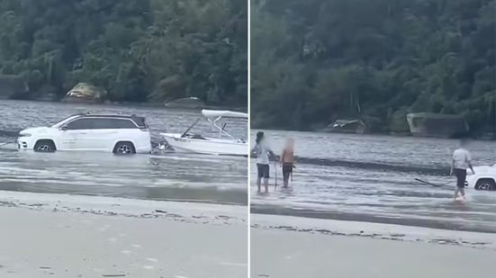 Carro ficou parcialmente submerso após atolar na faixa de areia da Praia da Enseada, em Bertioga, nesta sexta-feira (11). O veículo foi retirado pelo proprietário e ninguém ficou ferido - Imagem: Reprodução/Redes Sociais