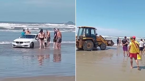 Veículo ficou preso na faixa de areia e precisou ser retirado com auxílio de máquina em Bertioga - Imagem: Reprodução/Redes Sociais