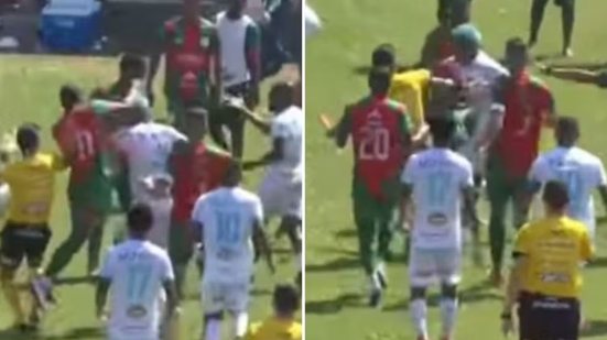 Confusão entre jogadores marcou o fim da final da Série A3 no estádio Ulrico Mursa, em Santos, logo após a conquista do título pela Portuguesa Santista - Imagem: Reprodução/YouTube/Paulistão