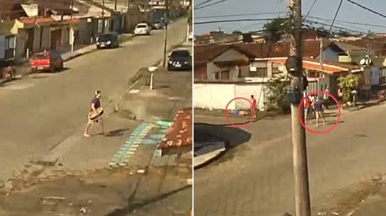 Câmera de monitoramento registrou parte da briga que terminou com a queda e a morte de um homem de 38 anos, em Itanhaém. Suspeito foi indiciado por lesão corporal seguida de morte - Imagem: Reprodução