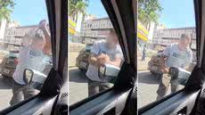 Motorista é flagrado quebrando retrovisor de carro durante discussão no trânsito em São Vicente - Imagem: Reprodução