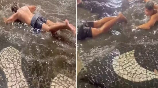 Calouros do curso de Educação Física da Unisanta participam de trote improvisado em poças d’água nas ruas do Boqueirão, em Santos - Imagem:  Reprodução/Redes Sociais