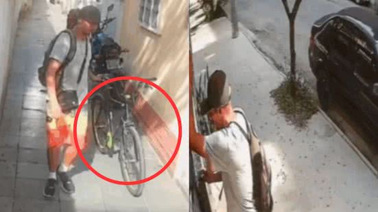 Imagens de segurança mostram o ladrão aguardando a rua ficar vazia antes de invadir o condomínio e furtar a bicicleta - Imagem: Reprodução
