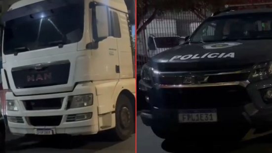 A polícia prendeu um homem dirigindo o caminhão roubado e resgatou a vítima em São Vicente, após denúncia sobre o crime - Foto: Divulgação/ Polícia Militar