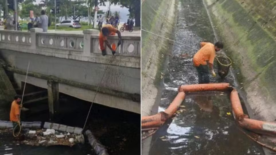 Equipes realizam a limpeza das barreiras flutuantes instaladas nos canais de Santos para impedir que resíduos cheguem ao mar - Imagem: Prefeitura de Santos