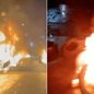 Incêndio em pneus provocou forte fumaça e causou a interdição temporária da Rua Idalino Pires, em Guarujá, na manhã desta quarta-feira (20) - Imagem: Reprodução