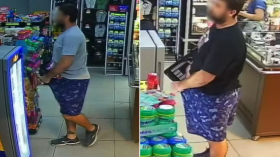 Câmeras registram homem escondendo chocolates dentro da roupa durante furto em supermercado de Santos - Imagem: Reprodução