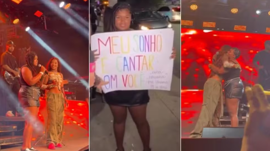 Jovem sobe ao palco após chamar atenção de Ludmilla com cartaz, momento ganhou destaque nas redes sociais - Imagem: Reprodução e Arquivo Pessoal