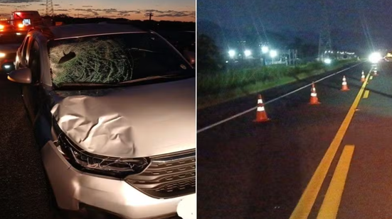 Homem morreu após ser atropelado na Rodovia Padre Manoel da Nóbrega, em Peruíbe; impacto causou danos significativos ao veículo - Imagem: Portal CCM – ARTESP