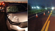 Homem morreu após ser atropelado na Rodovia Padre Manoel da Nóbrega, em Peruíbe; impacto causou danos significativos ao veículo - Imagem: Portal CCM – ARTESP