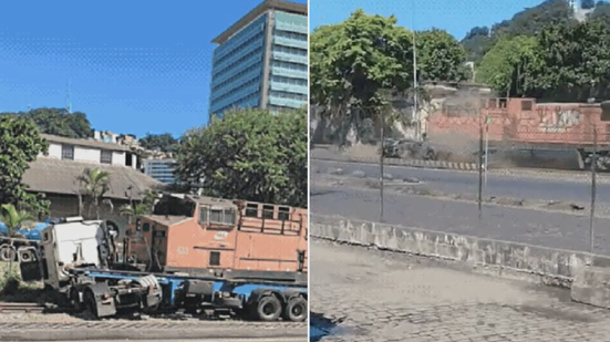 Caminhão é atingido e arrastado por trem durante travessia na região do Valongo, em Santos - Imagem: Reprodução/Redes Sociais