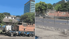 Caminhão é atingido e arrastado por trem durante travessia na região do Valongo, em Santos - Imagem: Reprodução/Redes Sociais