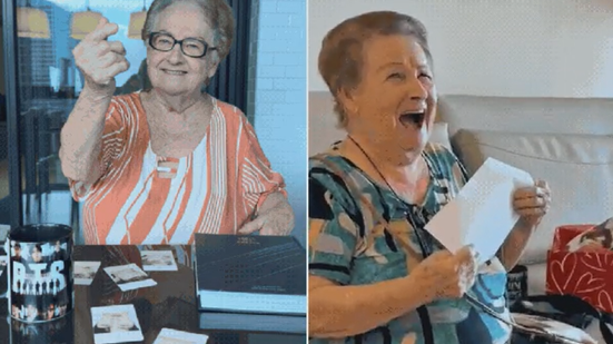 Júlia Fernandes Soares Augusto, de 86 anos, se emociona ao descobrir que irá ao show do BTS e viraliza nas redes sociais - Imagem: Arquivo Pessoal