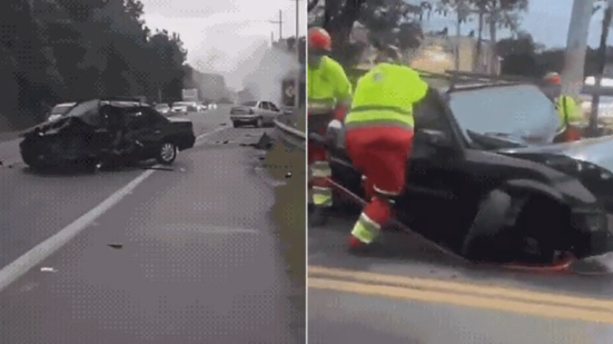 Equipes de resgate atuaram na retirada de motorista que ficou preso às ferragens após colisão frontal registrada na Rodovia Rio-Santos, em Bertioga - Imagem: Reprodução/Redes Sociais