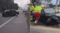 Equipes de resgate atuaram na retirada de motorista que ficou preso às ferragens após colisão frontal registrada na Rodovia Rio-Santos, em Bertioga - Imagem: Reprodução/Redes Sociais