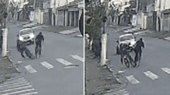 Servente de pedreiro de 32 anos foi baleado na região da nuca enquanto seguia de bicicleta para o trabalho, no bairro Parque Bitaru, em São Vicente. Autor do disparo fugiu e é procurado pela Polícia Civil - Imagem: Reprodução/Câmera de Segurança