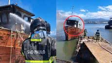 Um incêndio em uma embarcação em Guarujá foi controlado rapidamente, sem feridos, mas deixou danos materiais significativos - Foto: Divulgação/ GBMar