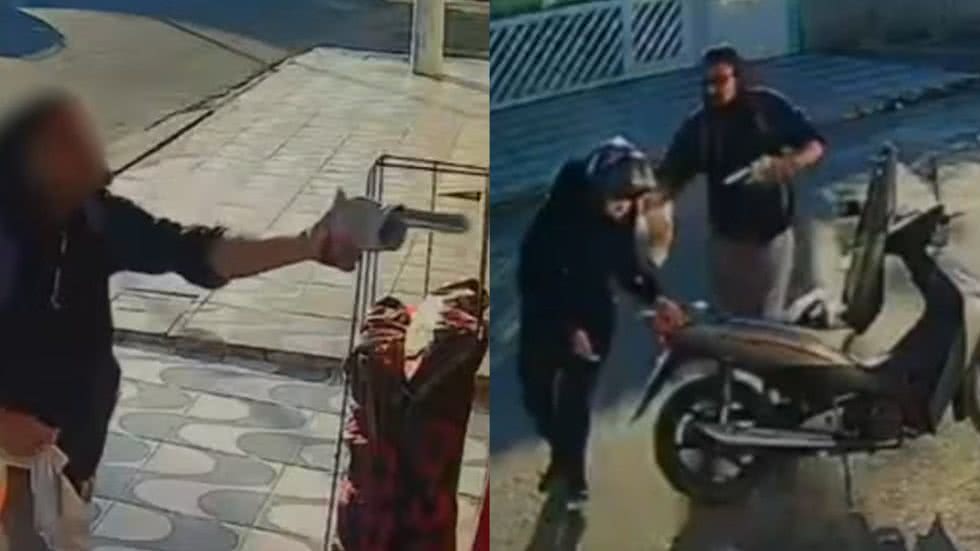 Imagens de segurança mostram a ousadia de um ladrão que roubou motocicleta de mulher em plena luz do dia na Praia Grande - Imagem: Reprodução