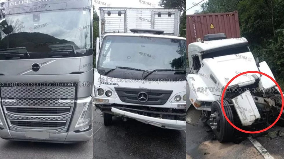 Uma carreta sem freio colidiu com dois caminhões, resultando em ferimentos leves e um bloqueio total da pista sul da rodovia - Foto: Divulgação /CCI Artesp