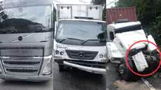 Uma carreta sem freio colidiu com dois caminhões, resultando em ferimentos leves e um bloqueio total da pista sul da rodovia - Foto: Divulgação /CCI Artesp