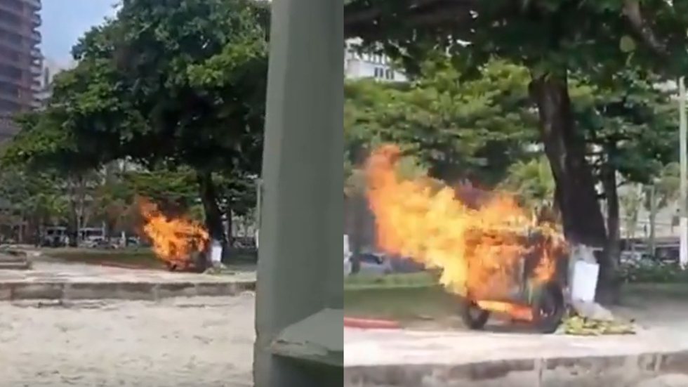 Um incêndio em um carrinho de milho na orla de Santos causou susto entre moradores e turistas, mas ninguém ficou ferido - Foto: Reprodução