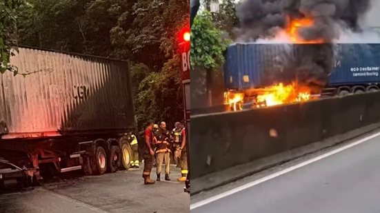 Um grave acidente entre carretas na Via Anchieta resultou em duas mortes e bloqueou totalmente a pista na altura de Cubatão - Foto: Daniela Rucio /TV Tribuna e Redes Sociais