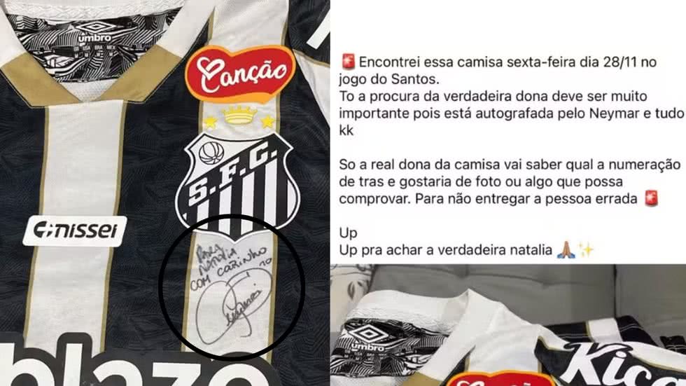 A busca por Natalia começou após Matheus encontrar a camisa em frente ao estádio da Vila Belmiro - Imagem: Reprodução