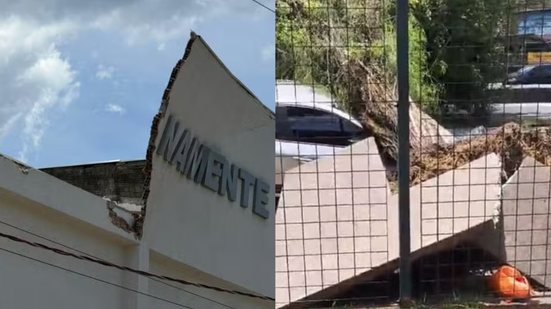 Em Santos, a força do vento causou desabamentos e interrupções nos serviços públicos, deixando moradores em alerta - Foto: Matheus Croce/ TV Tribuna e Reprodução