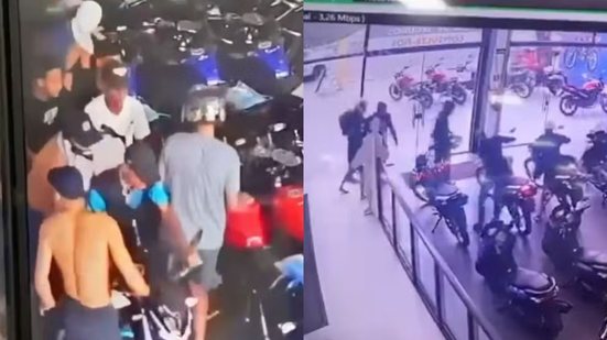 Cerca de 15 criminosos invadiram loja em São Vicente, levando motos avaliadas em R$ 26 mil cada e causando pânico entre funcionários - Foto: Reprodução