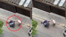 Imagens do momento da captura mostram um idoso usando uma bengala para ajudar a deter o ladrão até a chegada da polícia - Imagem: Reprodução