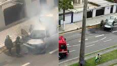 Um Citroën C3 pegou fogo na Avenida Ana Costa, mas ocupantes saíram a tempo, evitando ferimentos graves - Foto: Reprodução/ Bruno Gutierrez