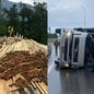 Um acidente na Rodovia Cônego Domênico Rangoni em Cubatão deixou carga de madeira espalhada e causou susto, mas sem feridos graves - Foto: Divulgação/ Artesp