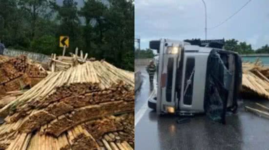 Um acidente na Rodovia Cônego Domênico Rangoni em Cubatão deixou carga de madeira espalhada e causou susto, mas sem feridos graves - Foto: Divulgação/ Artesp