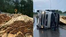 Um acidente na Rodovia Cônego Domênico Rangoni em Cubatão deixou carga de madeira espalhada e causou susto, mas sem feridos graves - Foto: Divulgação/ Artesp