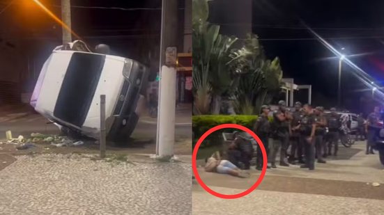 Uma van capotou em Praia Grande após perseguição policial, revelando um caso de sequestro e agressão envolvendo consumo de álcool - Foto: Reprodução/ Redes sociais